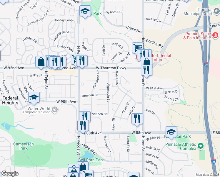 map of restaurants, bars, coffee shops, grocery stores, and more near 270 Dresden Street in Thornton