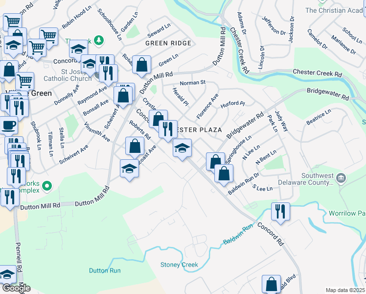 map of restaurants, bars, coffee shops, grocery stores, and more near 2930 Concord Road in Aston