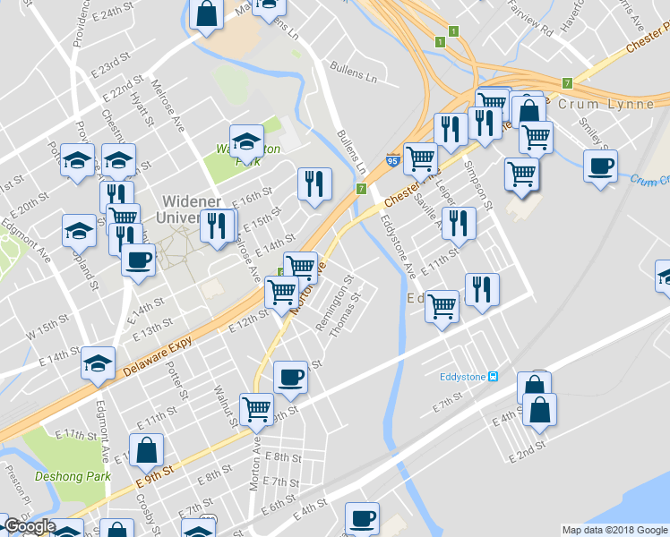 map of restaurants, bars, coffee shops, grocery stores, and more near 1114 Vauclain Street in Chester