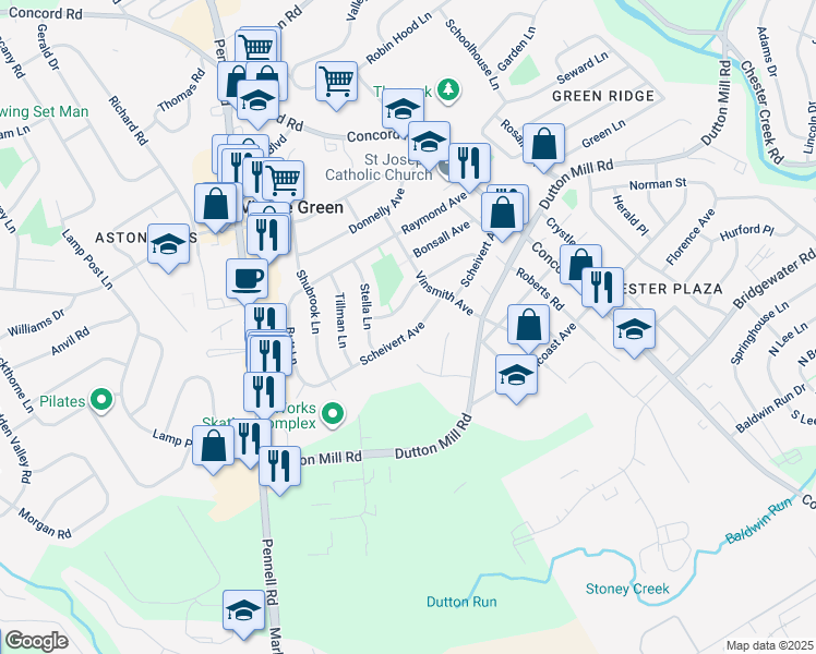 map of restaurants, bars, coffee shops, grocery stores, and more near 217 Scheivert Avenue in Aston