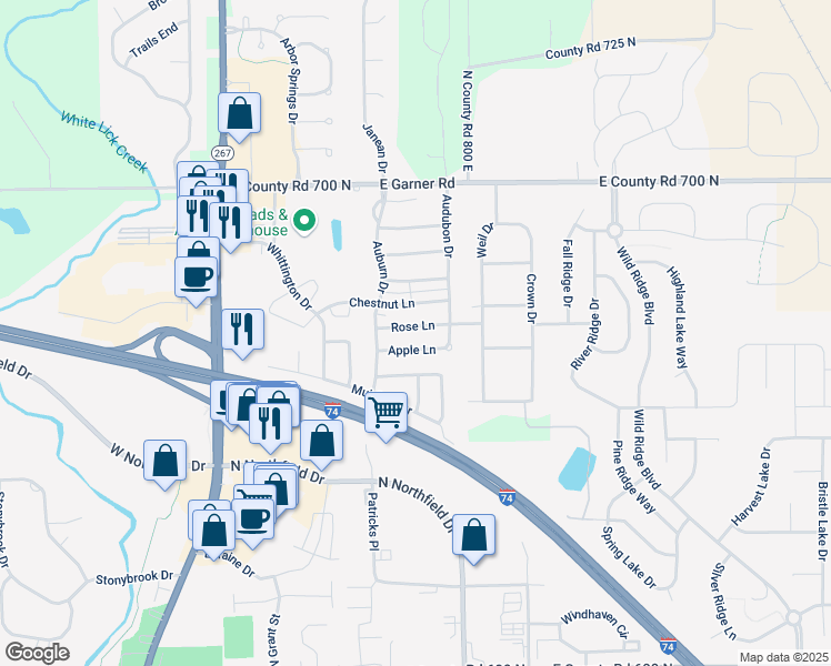 map of restaurants, bars, coffee shops, grocery stores, and more near 735 Rose Lane in Brownsburg
