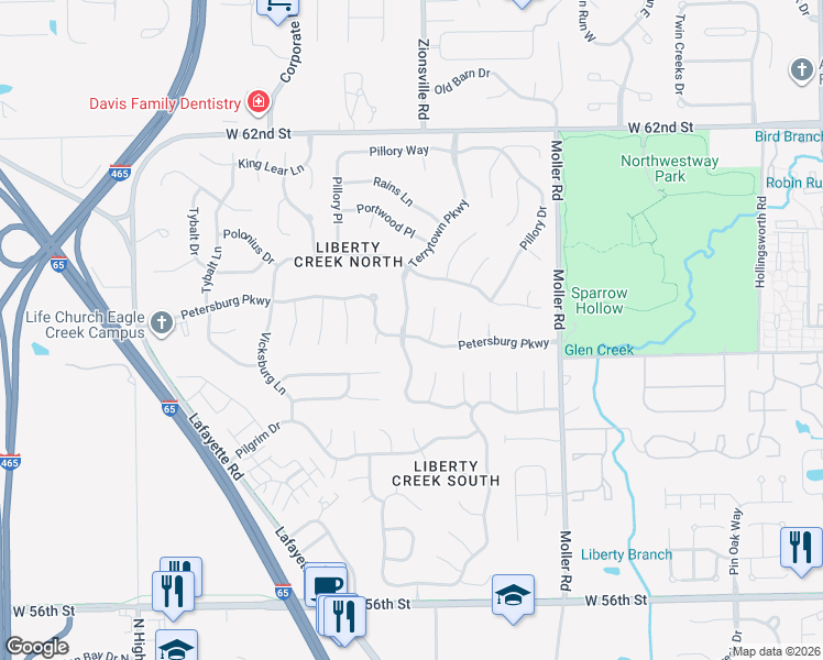 map of restaurants, bars, coffee shops, grocery stores, and more near 5937 Terrytown Parkway in Indianapolis