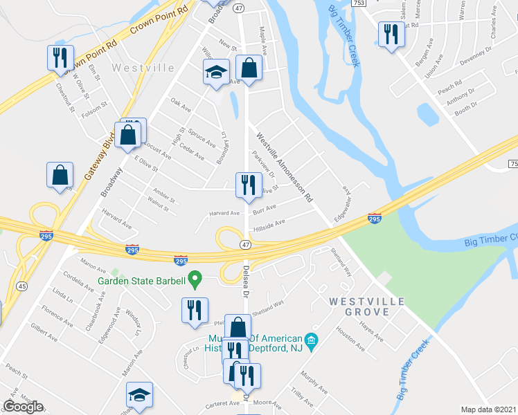 map of restaurants, bars, coffee shops, grocery stores, and more near 57 Burr Avenue in Westville