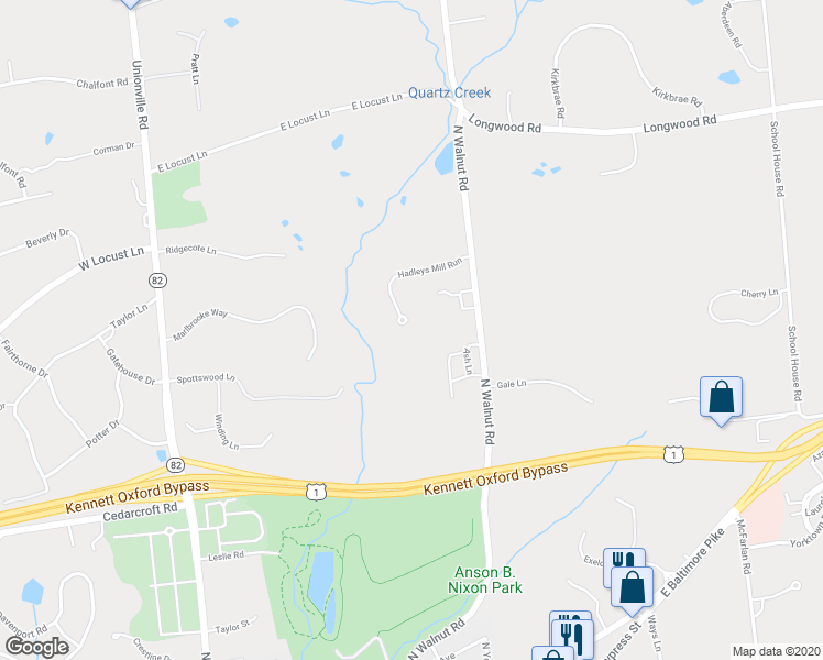 map of restaurants, bars, coffee shops, grocery stores, and more near 126 Hadleys Mill Run in Kennett Square