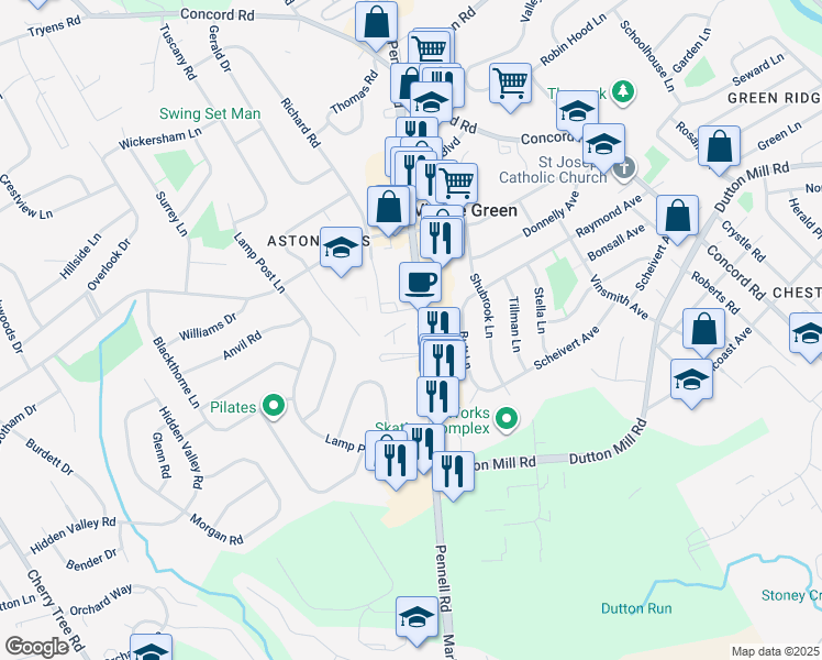 map of restaurants, bars, coffee shops, grocery stores, and more near 4701 Pennell Road in Aston
