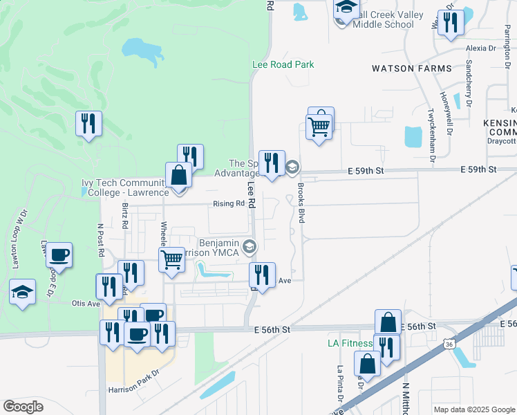 map of restaurants, bars, coffee shops, grocery stores, and more near 5838 Devers Drive in Indianapolis
