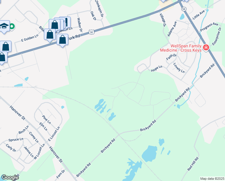 map of restaurants, bars, coffee shops, grocery stores, and more near 1000 Bridgewater Drive in New Oxford