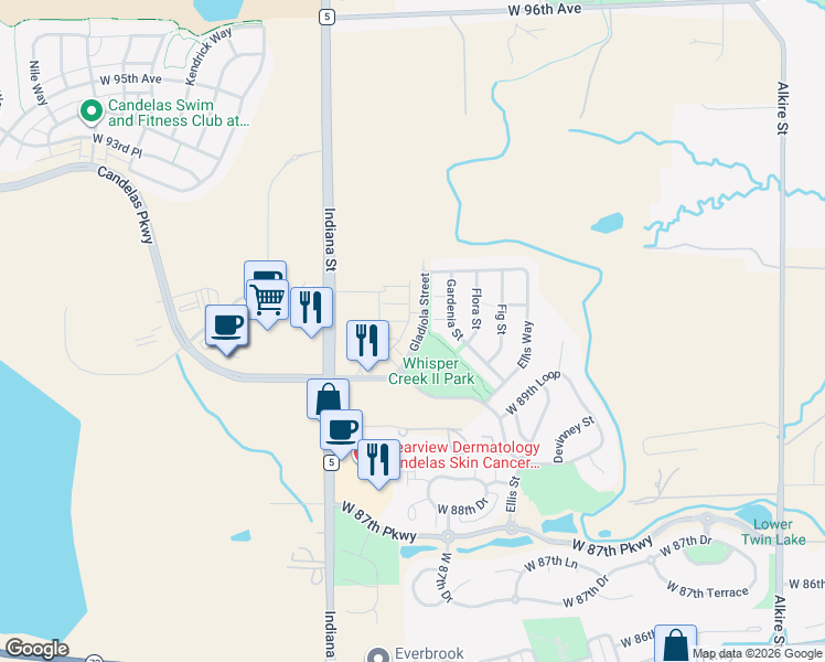 map of restaurants, bars, coffee shops, grocery stores, and more near Gladiola Street in Arvada