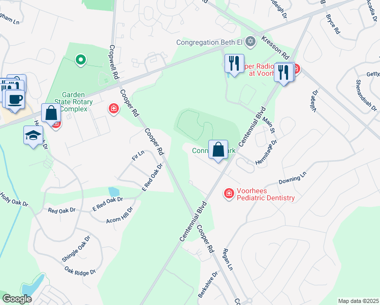 map of restaurants, bars, coffee shops, grocery stores, and more near 100 Sheppard Road in Voorhees Township
