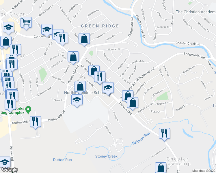 map of restaurants, bars, coffee shops, grocery stores, and more near 2930 Concord Road in Aston