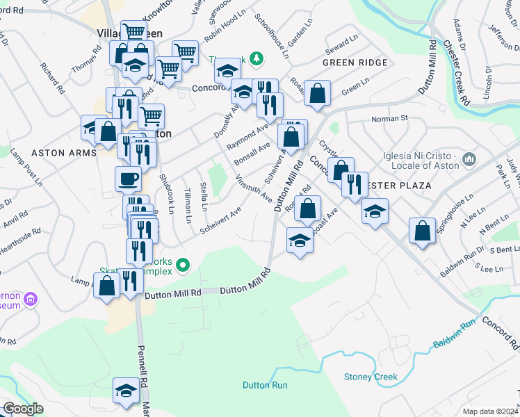map of restaurants, bars, coffee shops, grocery stores, and more near 11 McCracken Circle in Aston