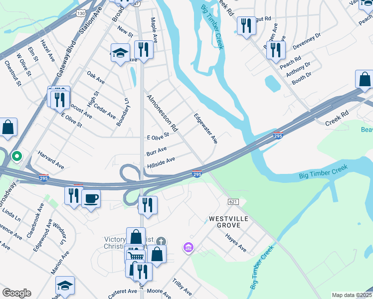 map of restaurants, bars, coffee shops, grocery stores, and more near 820 Almonesson Road in Westville