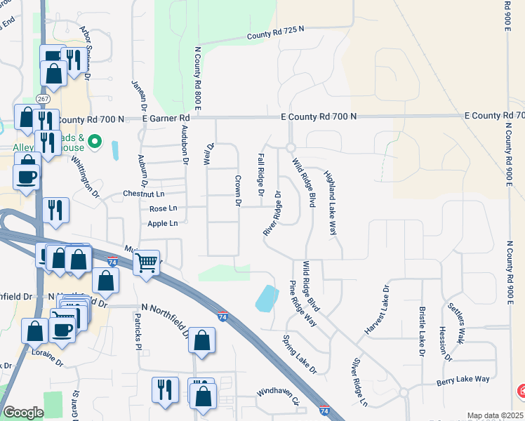 map of restaurants, bars, coffee shops, grocery stores, and more near 1180 Barbara Drive in Brownsburg