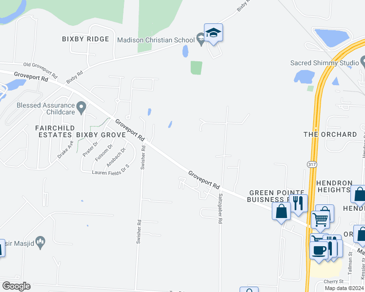 map of restaurants, bars, coffee shops, grocery stores, and more near 5626 Groveport Road in Groveport