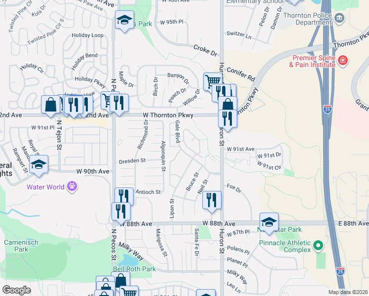 map of restaurants, bars, coffee shops, grocery stores, and more near 9189 Gale Boulevard in Thornton