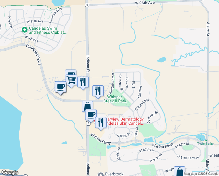 map of restaurants, bars, coffee shops, grocery stores, and more near Gladiola Street in Arvada