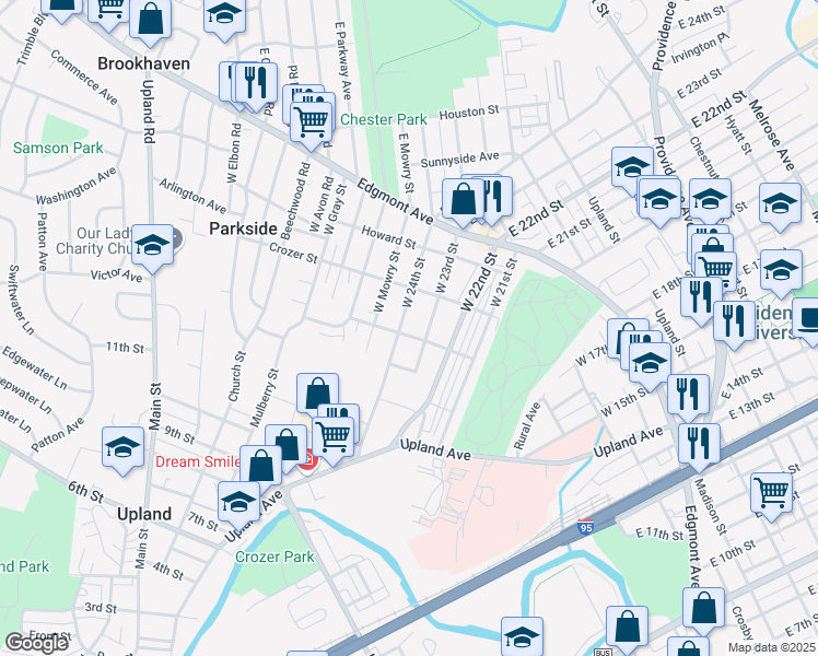 map of restaurants, bars, coffee shops, grocery stores, and more near 301 West 24th Street in Chester