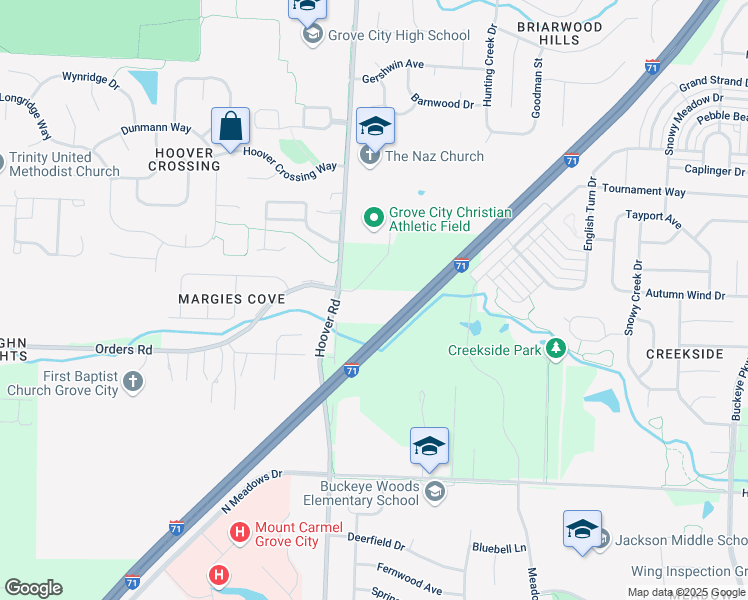map of restaurants, bars, coffee shops, grocery stores, and more near 4990 Hoover Road in Grove City