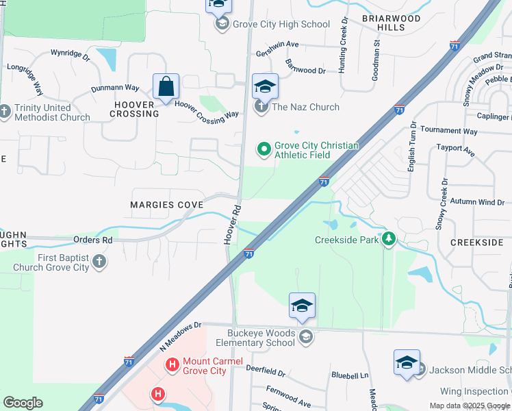 map of restaurants, bars, coffee shops, grocery stores, and more near 4990 Hoover Road in Grove City