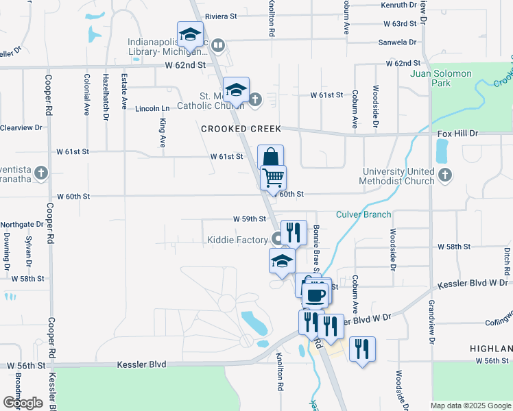 map of restaurants, bars, coffee shops, grocery stores, and more near 2130 West 59th Street in Indianapolis