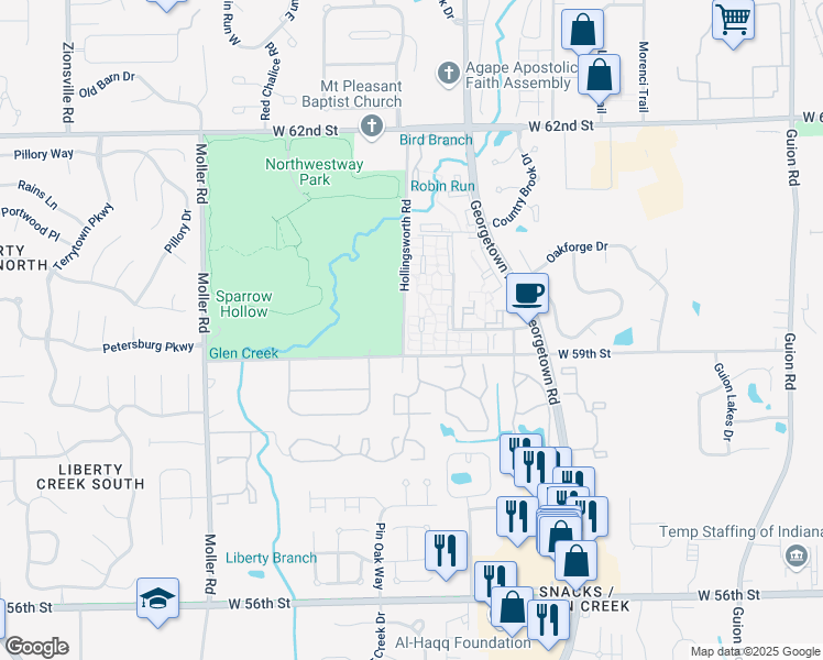 map of restaurants, bars, coffee shops, grocery stores, and more near 5922 Deerwood Court in Indianapolis