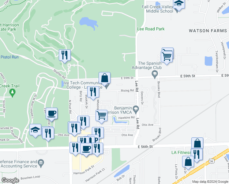 map of restaurants, bars, coffee shops, grocery stores, and more near 9155 Rising Road in Indianapolis