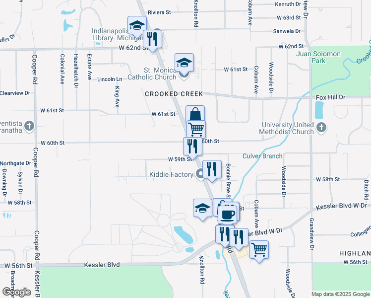 map of restaurants, bars, coffee shops, grocery stores, and more near 5988 Michigan Road in Indianapolis