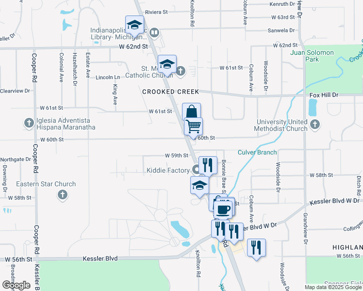 map of restaurants, bars, coffee shops, grocery stores, and more near 5988 Michigan Road in Indianapolis
