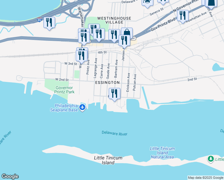 map of restaurants, bars, coffee shops, grocery stores, and more near 107 Saude Avenue in Tinicum Township