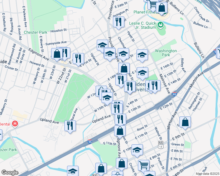 map of restaurants, bars, coffee shops, grocery stores, and more near 1618 Upland Street in Chester
