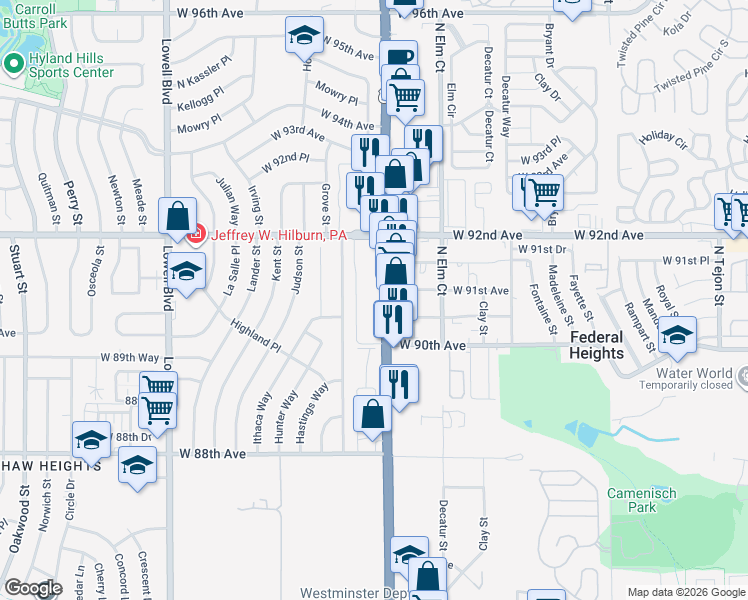 map of restaurants, bars, coffee shops, grocery stores, and more near 9081 North Federal Boulevard in Westminster