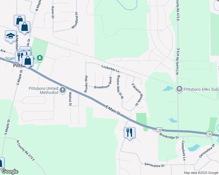 map of restaurants, bars, coffee shops, grocery stores, and more near 227 Broadmoor Bend in Pittsboro