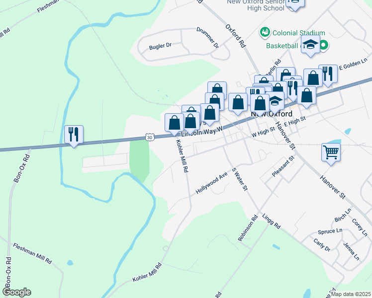 map of restaurants, bars, coffee shops, grocery stores, and more near 7 Lawrence Place in New Oxford