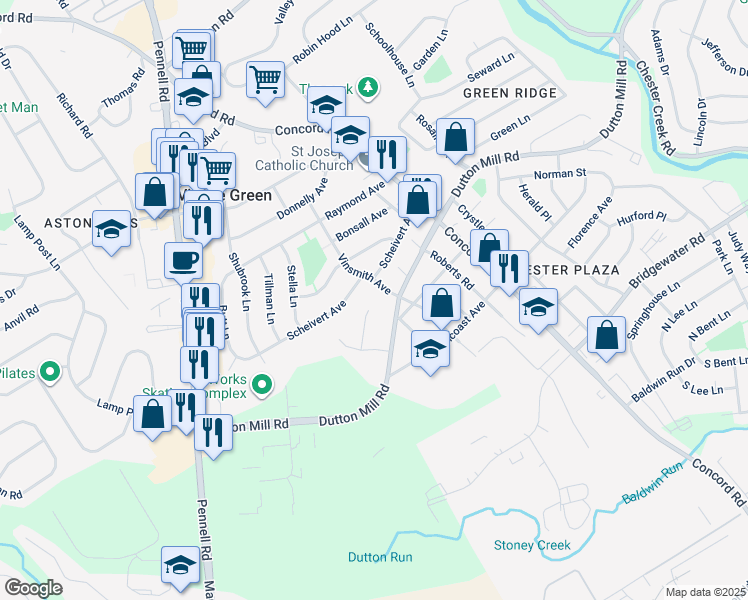 map of restaurants, bars, coffee shops, grocery stores, and more near 11 McCracken Circle in Aston