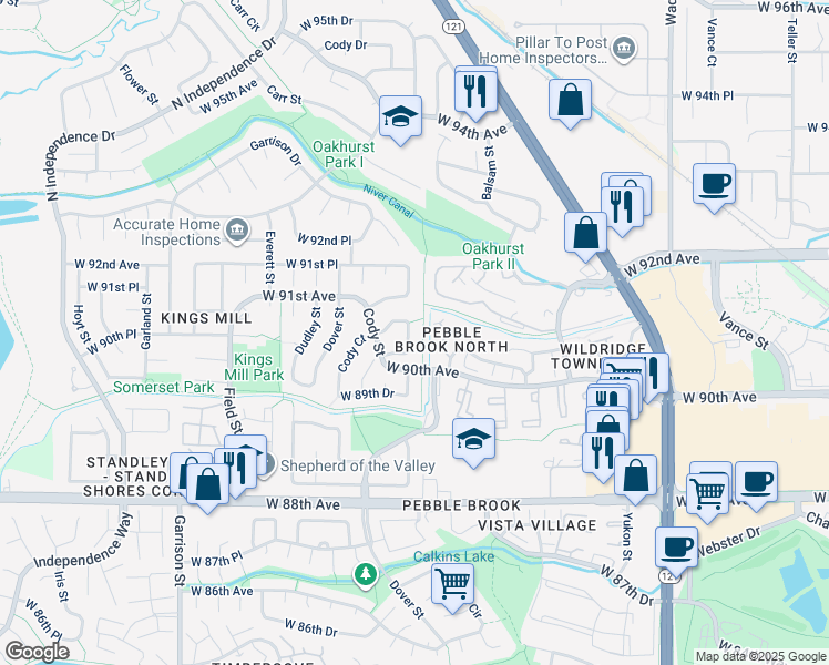 map of restaurants, bars, coffee shops, grocery stores, and more near 9042 Cody Circle in Westminster