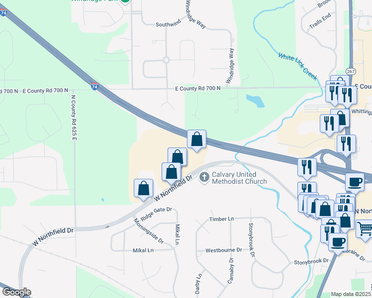 map of restaurants, bars, coffee shops, grocery stores, and more near 580 West Northfield Drive in Brownsburg