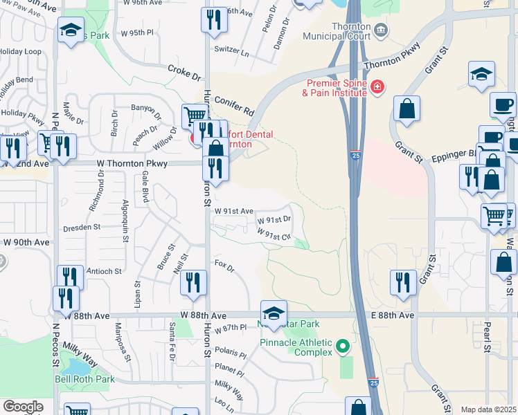 map of restaurants, bars, coffee shops, grocery stores, and more near 647 West 91st Avenue in Thornton