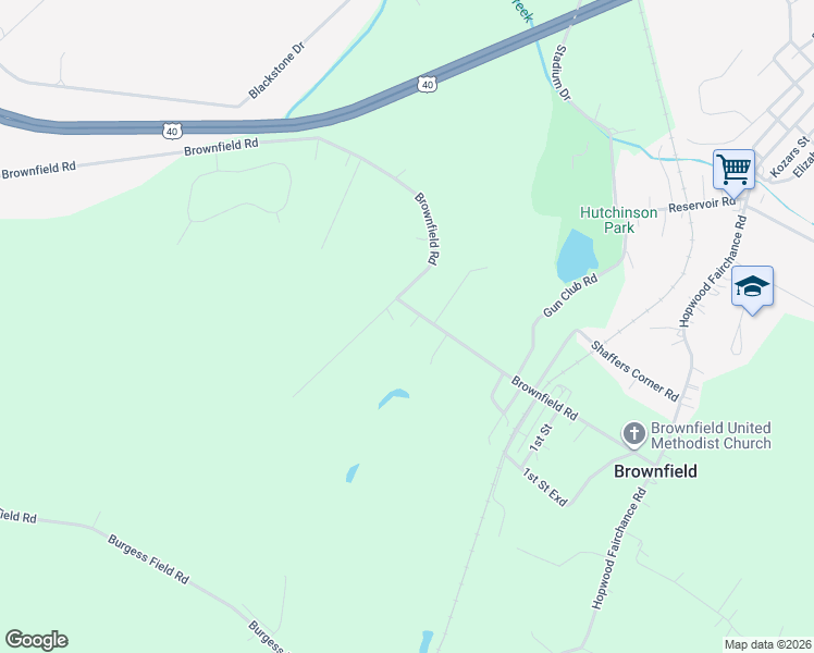 map of restaurants, bars, coffee shops, grocery stores, and more near 1320 Brownfield Rd in Uniontown