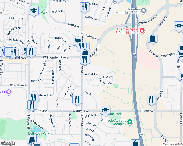 map of restaurants, bars, coffee shops, grocery stores, and more near 753 West 91st Avenue in Denver