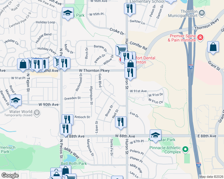 map of restaurants, bars, coffee shops, grocery stores, and more near 9102 Gale Boulevard in Thornton