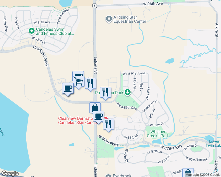 map of restaurants, bars, coffee shops, grocery stores, and more near West 89th Drive in Arvada