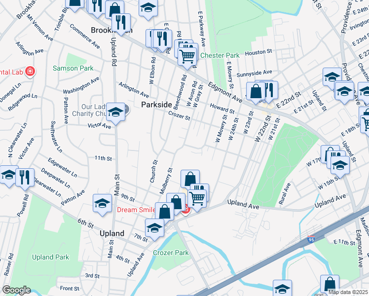 map of restaurants, bars, coffee shops, grocery stores, and more near 1203 Mulberry Street in Brookhaven