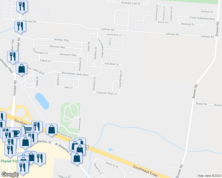 map of restaurants, bars, coffee shops, grocery stores, and more near 5852 Empire Mills Run in Canal Winchester
