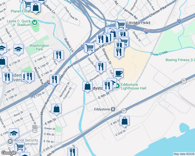 map of restaurants, bars, coffee shops, grocery stores, and more near 1022 Ashland Avenue in Eddystone