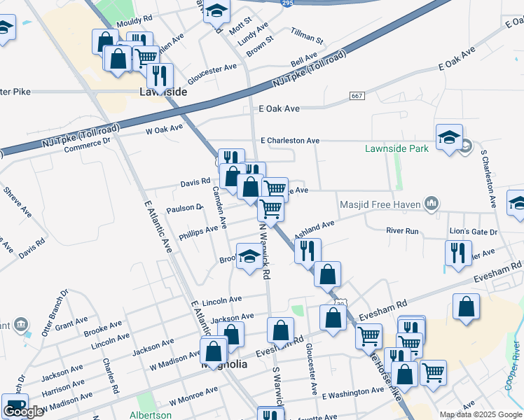 map of restaurants, bars, coffee shops, grocery stores, and more near North White Horse Pike & Warwick Road North in Magnolia