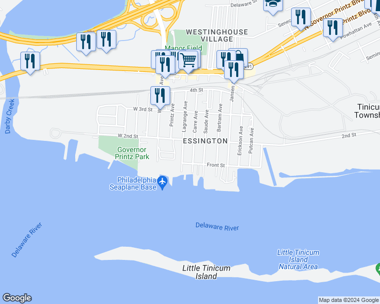 map of restaurants, bars, coffee shops, grocery stores, and more near 128 Carre Avenue in Tinicum Township
