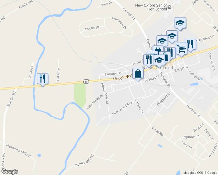 map of restaurants, bars, coffee shops, grocery stores, and more near 17 Lawrence Place in New Oxford