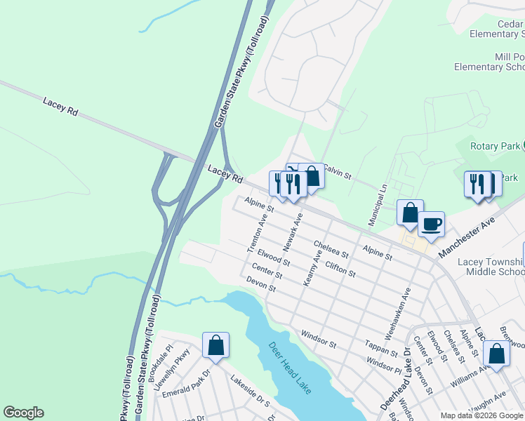 map of restaurants, bars, coffee shops, grocery stores, and more near 1012 Trenton Avenue in Lacey Township