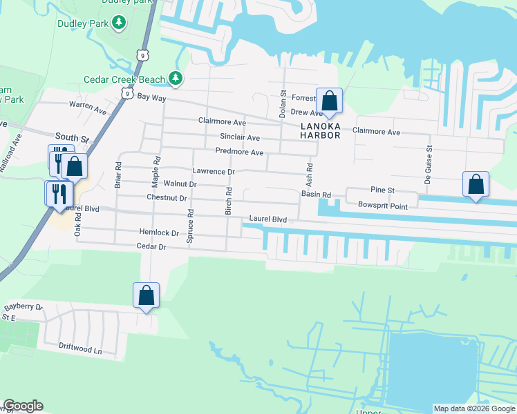 map of restaurants, bars, coffee shops, grocery stores, and more near 408 Laurel Boulevard in Lacey Township