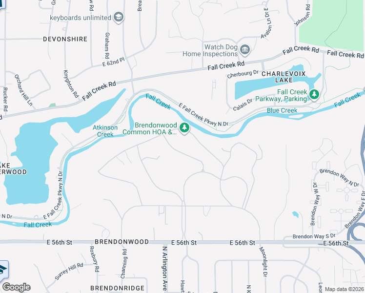 map of restaurants, bars, coffee shops, grocery stores, and more near 5865 High Fall Road in Indianapolis